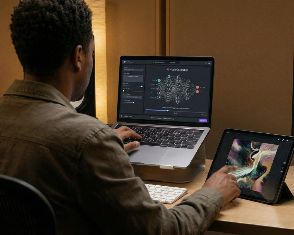 A man working at a desk with a laptop and tablet, using AI music generation software on the laptop and digital art on the tablet.