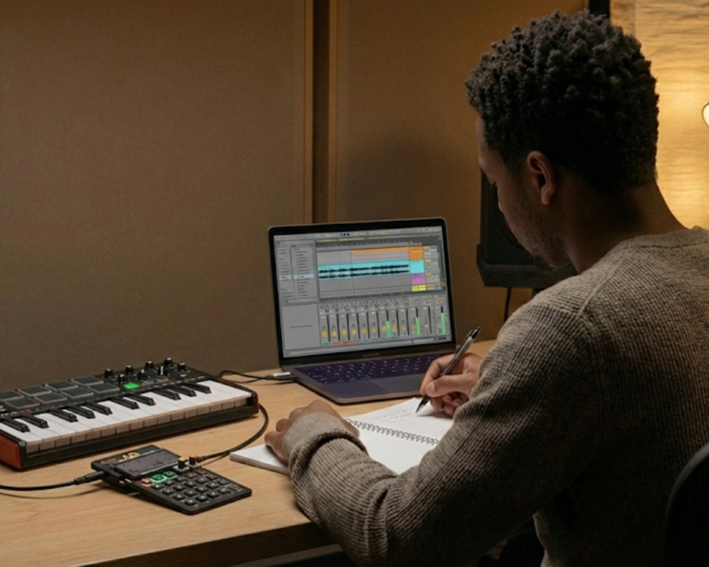 A man working at a music production studio, using a laptop with digital audio workstation, a MIDI keyboard, a small controller, and a notebook.