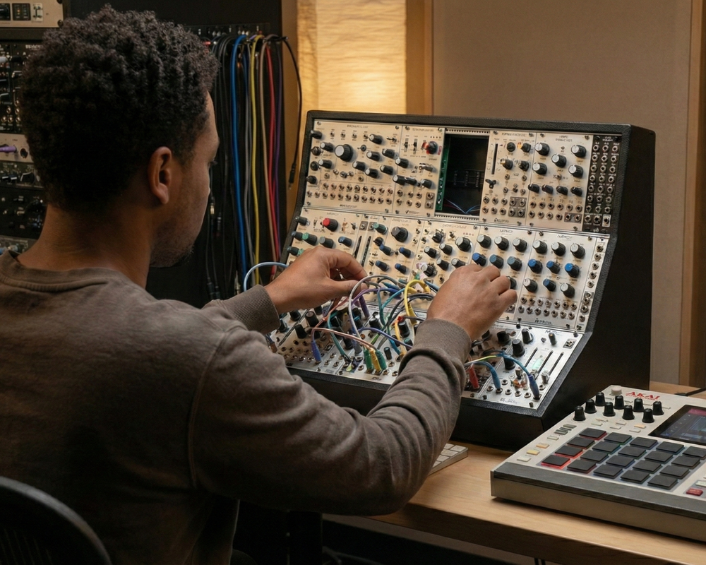 A person working with a modular synthesizer with numerous knobs and cables, alongside a drum pad controller on a wooden table in a music studio.