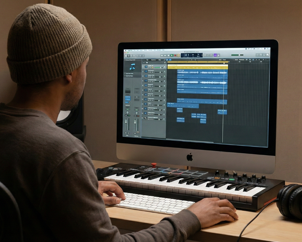 A person working on music production using a digital audio workstation on an iMac, with a MIDI keyboard and headphones on a wooden desk.