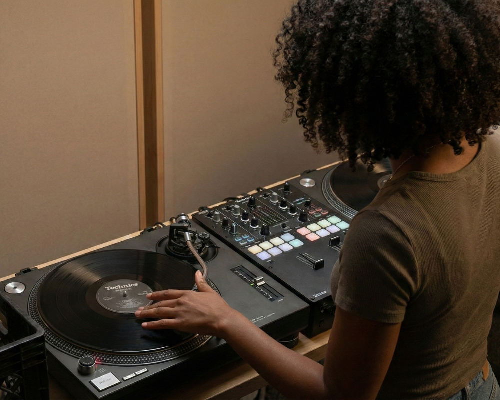 A person with curly hair using a DJ turntable and mixer in a music studio.