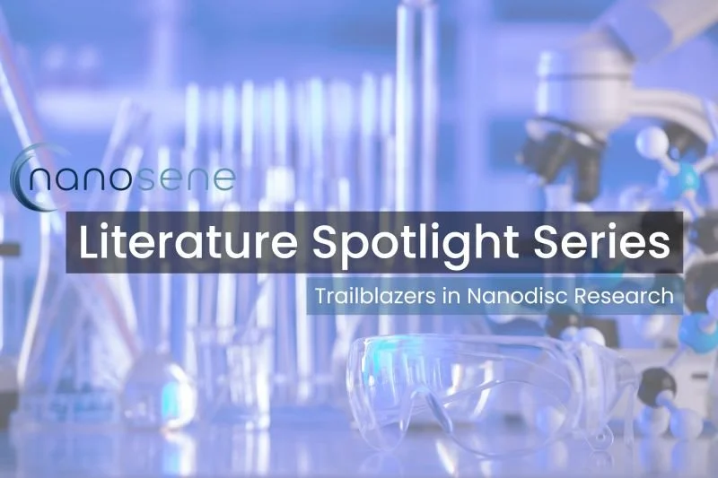 Scientific laboratory with test tubes, a microscope, and safety goggles. Overlay text reads "NanoSense Literature Spotlight Series: Trailblazers in Nanodisc Research."