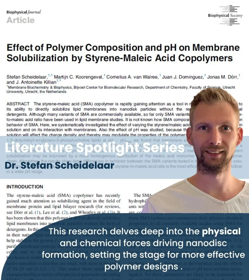 A scientific research presentation slide titled "Effect of Polymer Composition and pH on Membrane Solubilization by Styrene-Maleic Acid Copolymers" with the subtitle "literature Spotlight Series" and the speaker's name, Dr. Stefan Scheidelaar.