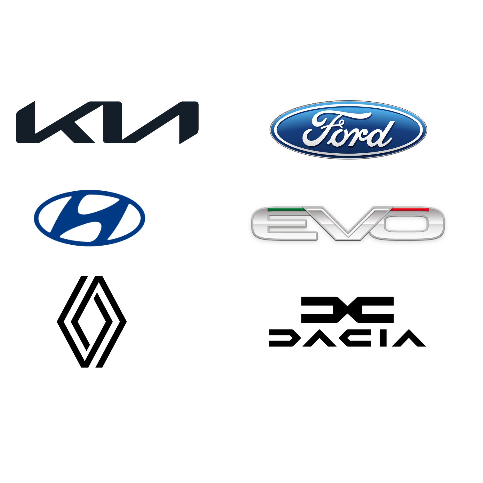 Loghi delle case automobilistiche Kia, Ford, Hyundai, Evo, Renault e Dacia su sfondo bianco.