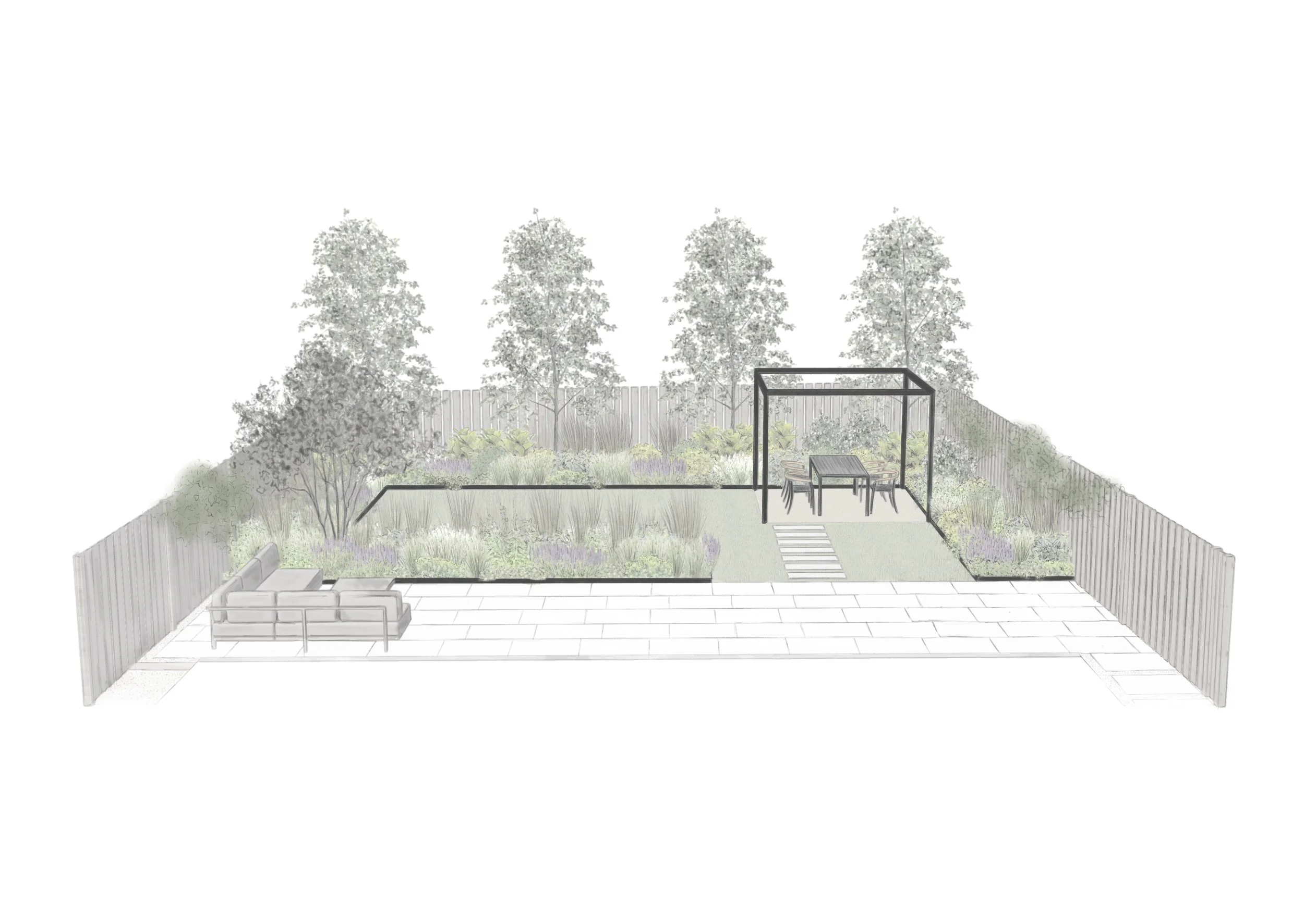 A drawing of a small, contemporary garden design for modern living  by Stark Strand Garden Design