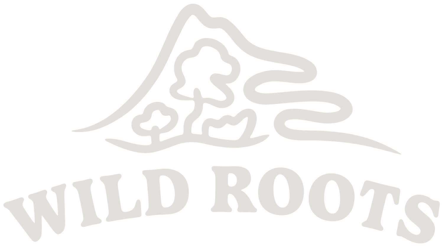 Logo of Wild Roots featuring a mountain outline, trees, and a winding trail, with the text "WILD ROOTS" underneath.