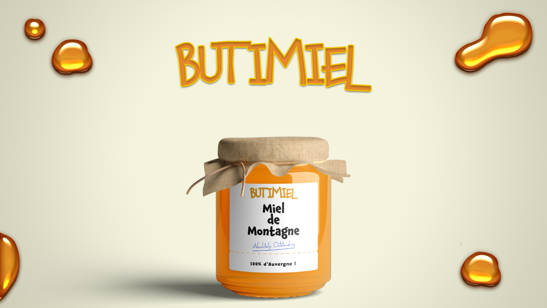Un pot de miel d'Auvergne portant une étiquette, avec des gouttes de miel flottantes autour. Le texte en haut indique 'BUTIMMEL' et l'étiquette dit 'Miel de Montagne, Absolument Outstanding, 100% d'Auvergne'.