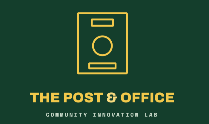 Logo for The Post & Office, Community Innovation Lab, featuring a gold mailbox dial lock icon on a dark forest green background.