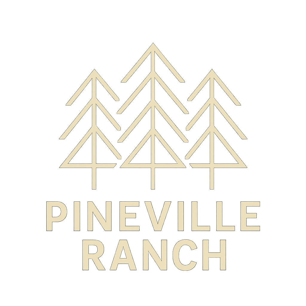 A logo for Pineville Ranch featuring stylized pine trees with triangular frame bases above the text 'Pineville Ranch'.