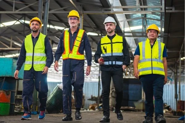 managers and staff on site wearing hi-vis jackets and hardhats