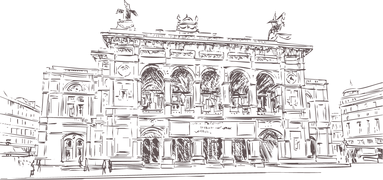 Sketch of a classical-style building with arches and statues on the roof.