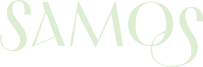 Stylized text spelling 'SAMOS' in light green on a black background, half of Samos Untold logo
