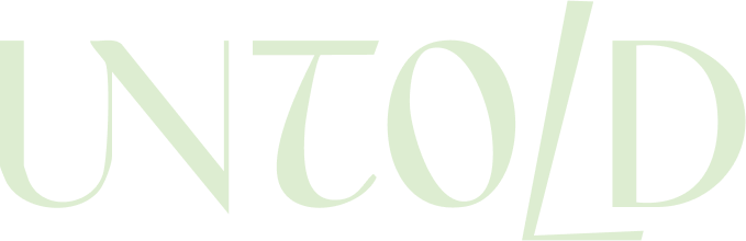 Graphic with the text 'UNTOLD' in large, stylized letters on a black background, half of Samos Untold logo