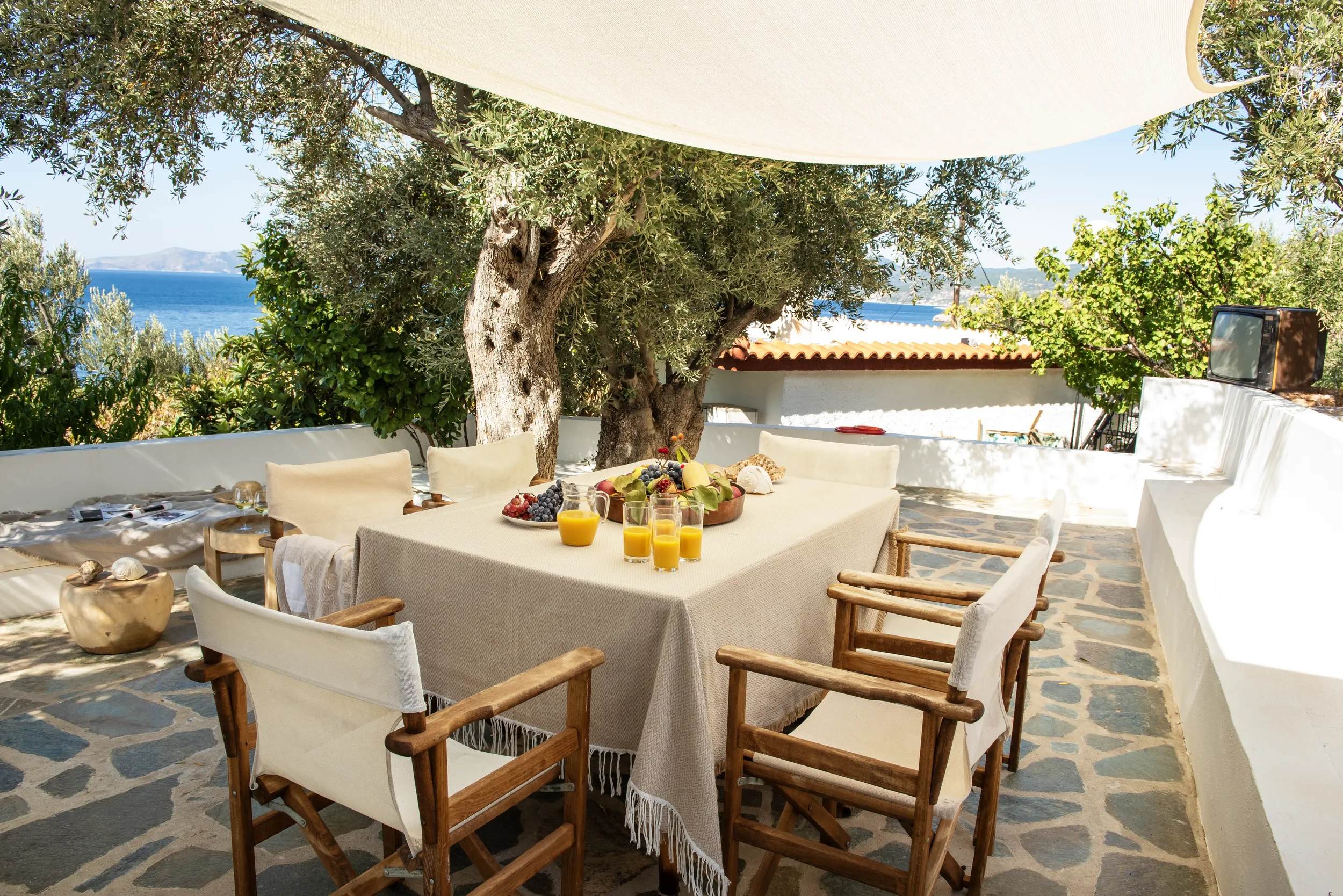 Outdoor dining table set under shade, with fruit, juice, and glasses, surrounded by chairs, in a Mediterranean garden with trees, overlooking the sea.