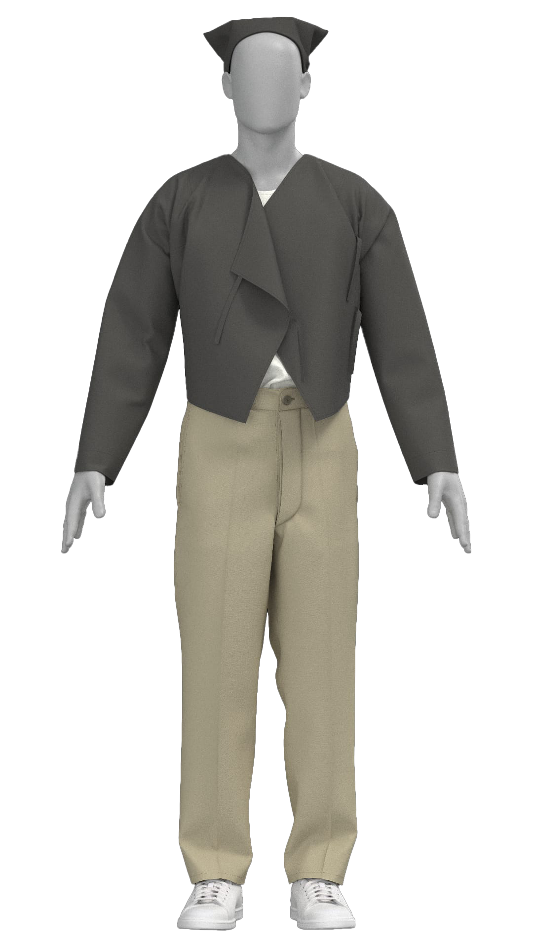 Man mannequin dressed in a gray jacket, beige pants, white shirt, and white sneakers, standing against a black background.