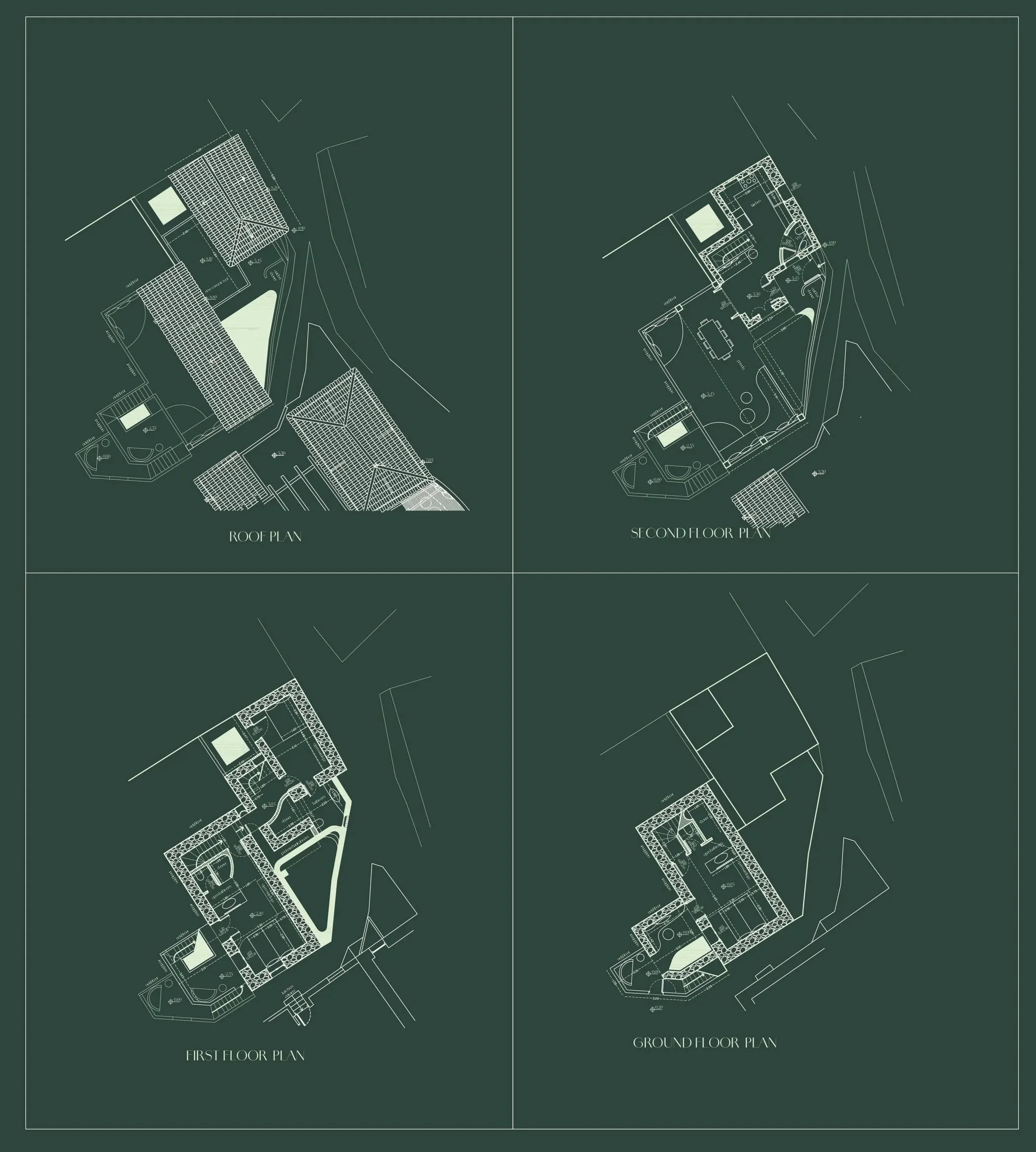Architectural blueprint showing the floor plans for a building, including roof plan, second floor plan, first floor plan, and ground floor plan.
