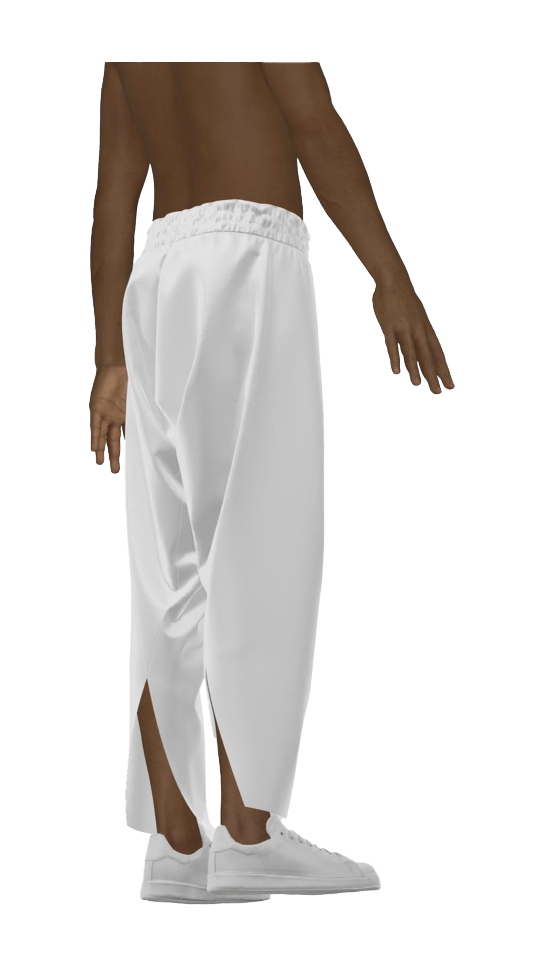 Person wearing white pants with slits at the bottom, white sneakers, and no shirt, standing against a white background.