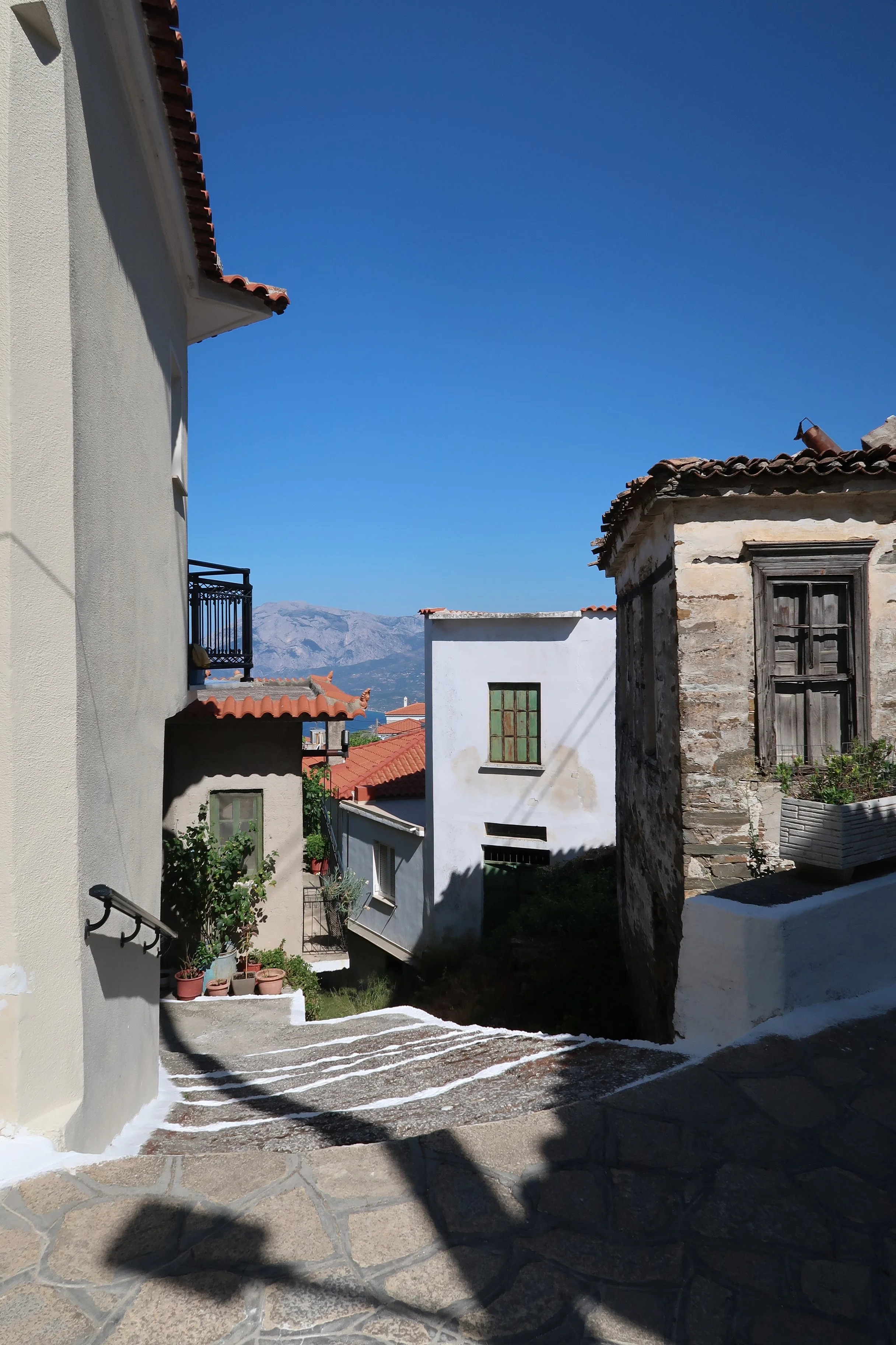 A scenic view of a narrow alley with whitewashed and old stone houses, terracotta roofs, potted plants, and mountains in the background under a clear blue sky.
