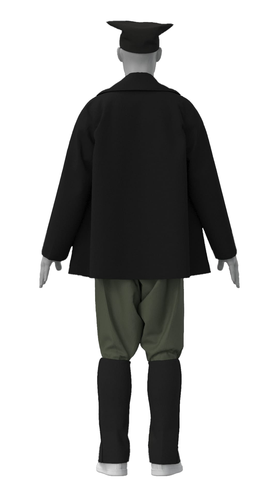 A mannequin dressed in a black coat, khaki pants, black knee-high boots, and a black graduation cap, standing against a black background.