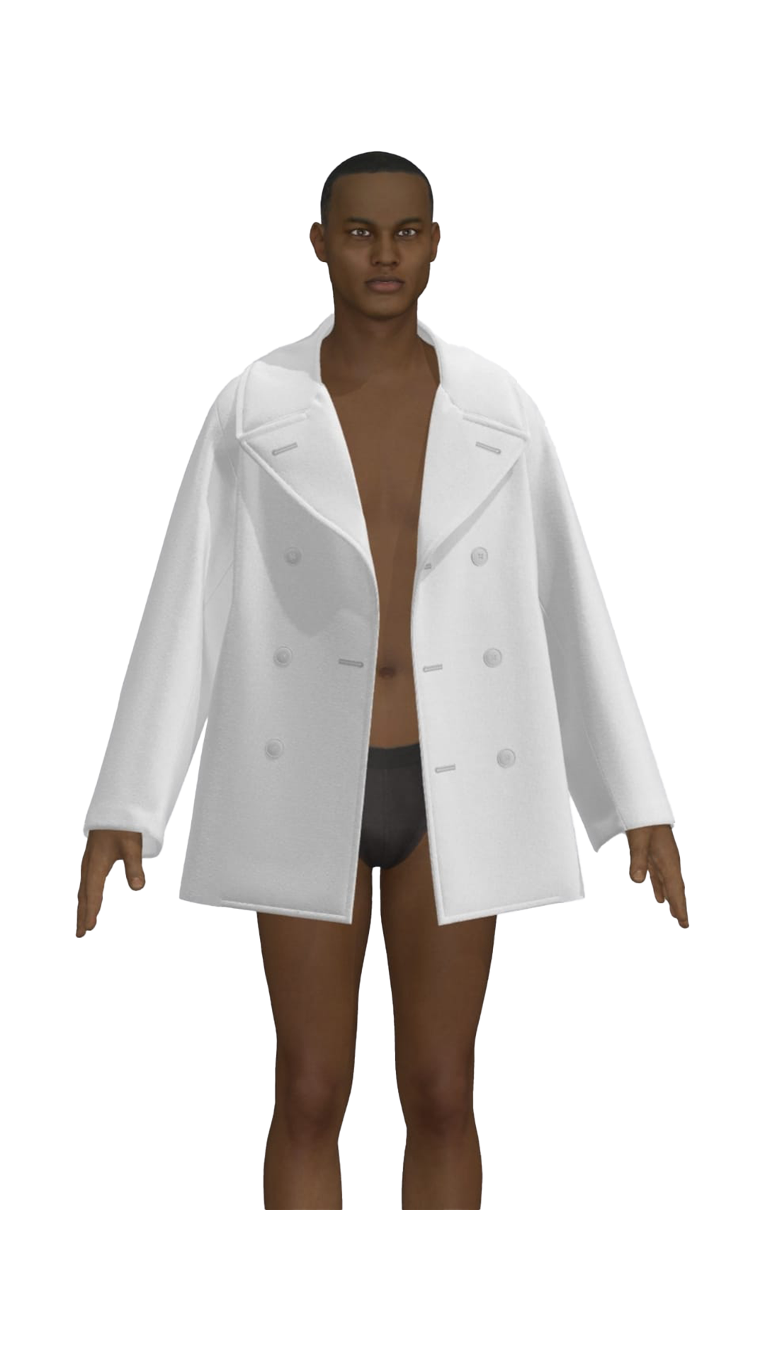 Person with dark skin and short hair wearing a white coat and black underwear.