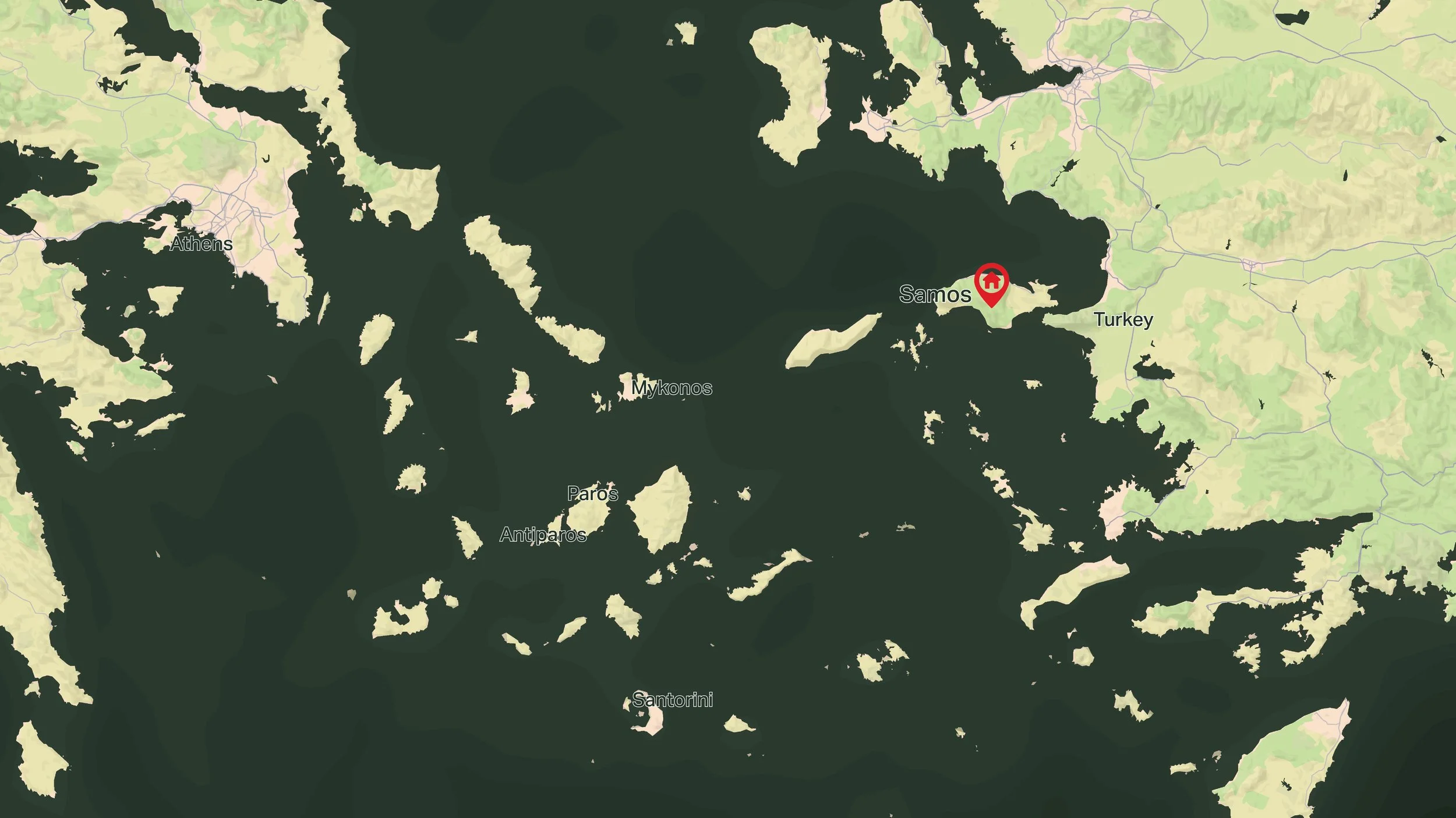 Map of the Aegean Sea showing Greek islands, including Samos, Mykonos, Paros, Antiparos, Santorini, and nearby regions of Greece and Turkey.