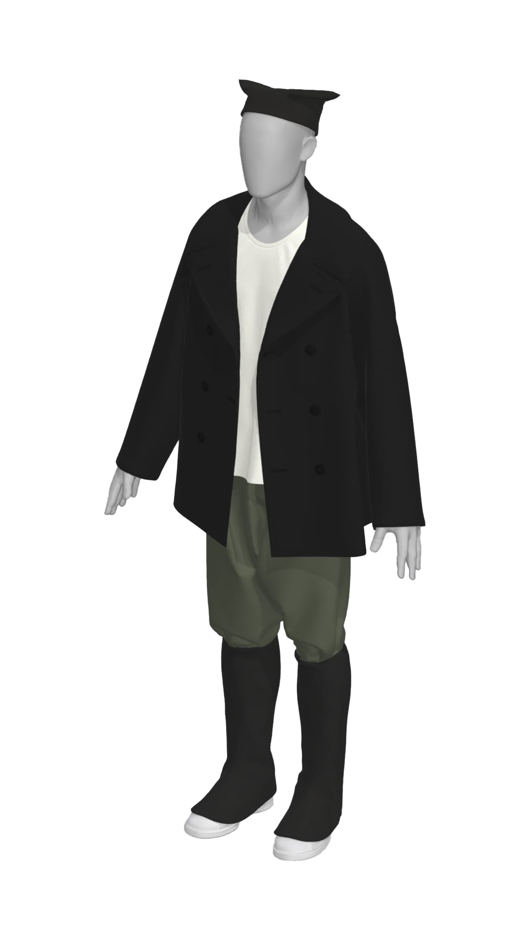 A mannequin dressed in a black coat, white shirt, gray baggy pants, and black boots with white soles, wearing a black hat.