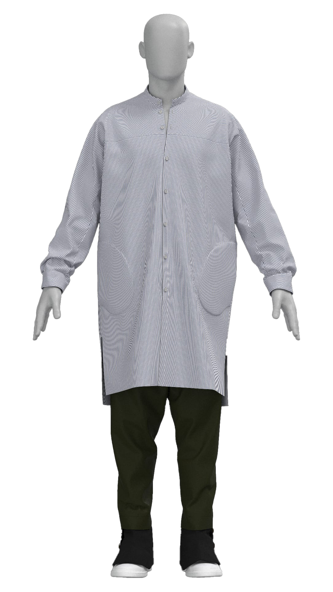 A mannequin dressed in a long, button-up shirt with thin vertical stripes, dark pants, and white shoes, standing against a black background.