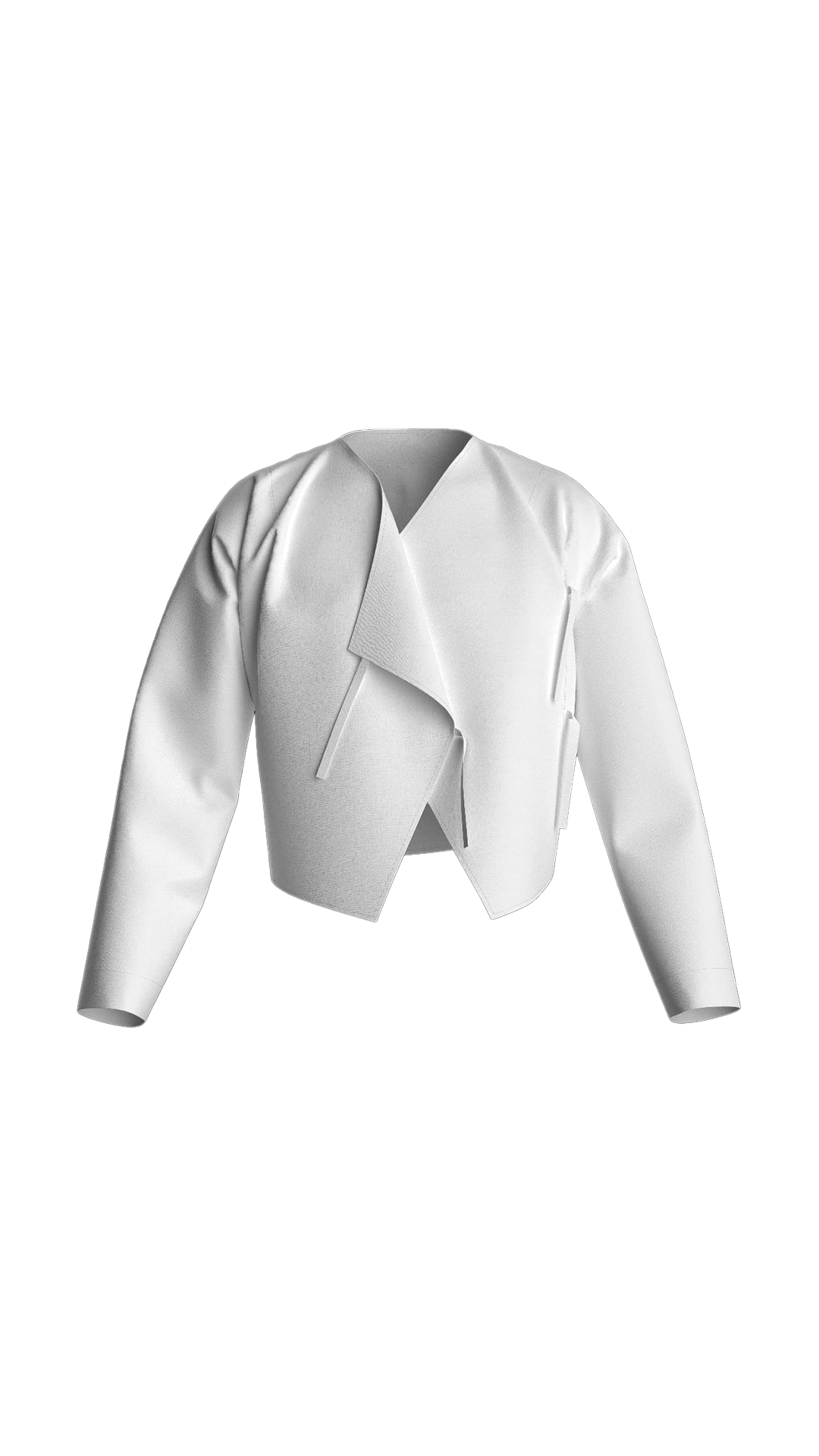 A white jacket with a draped, asymmetric front design, set against a black background.