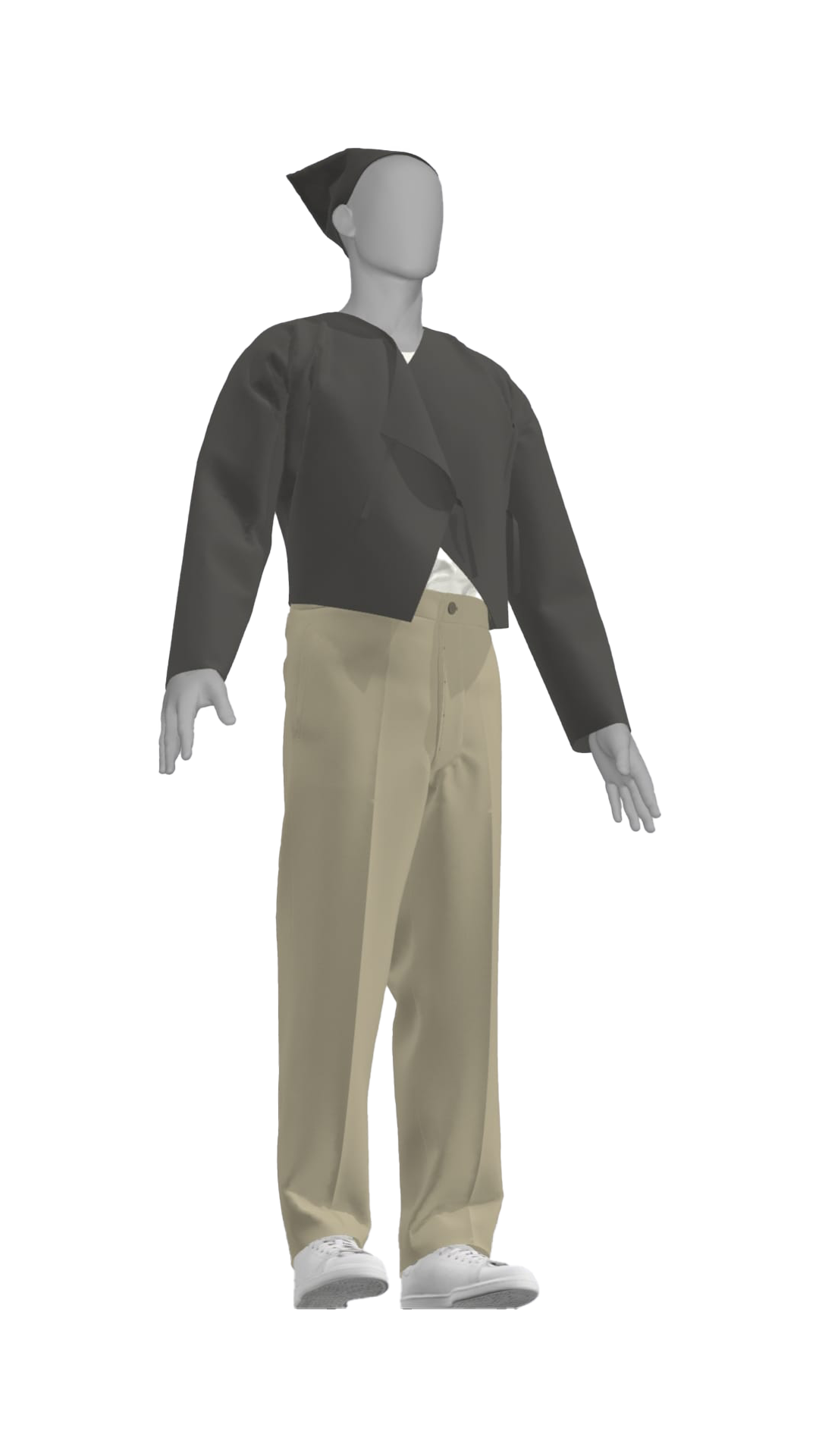 A mannequin dressed in a black jacket, white shirt, beige wide-leg pants, and white sneakers.