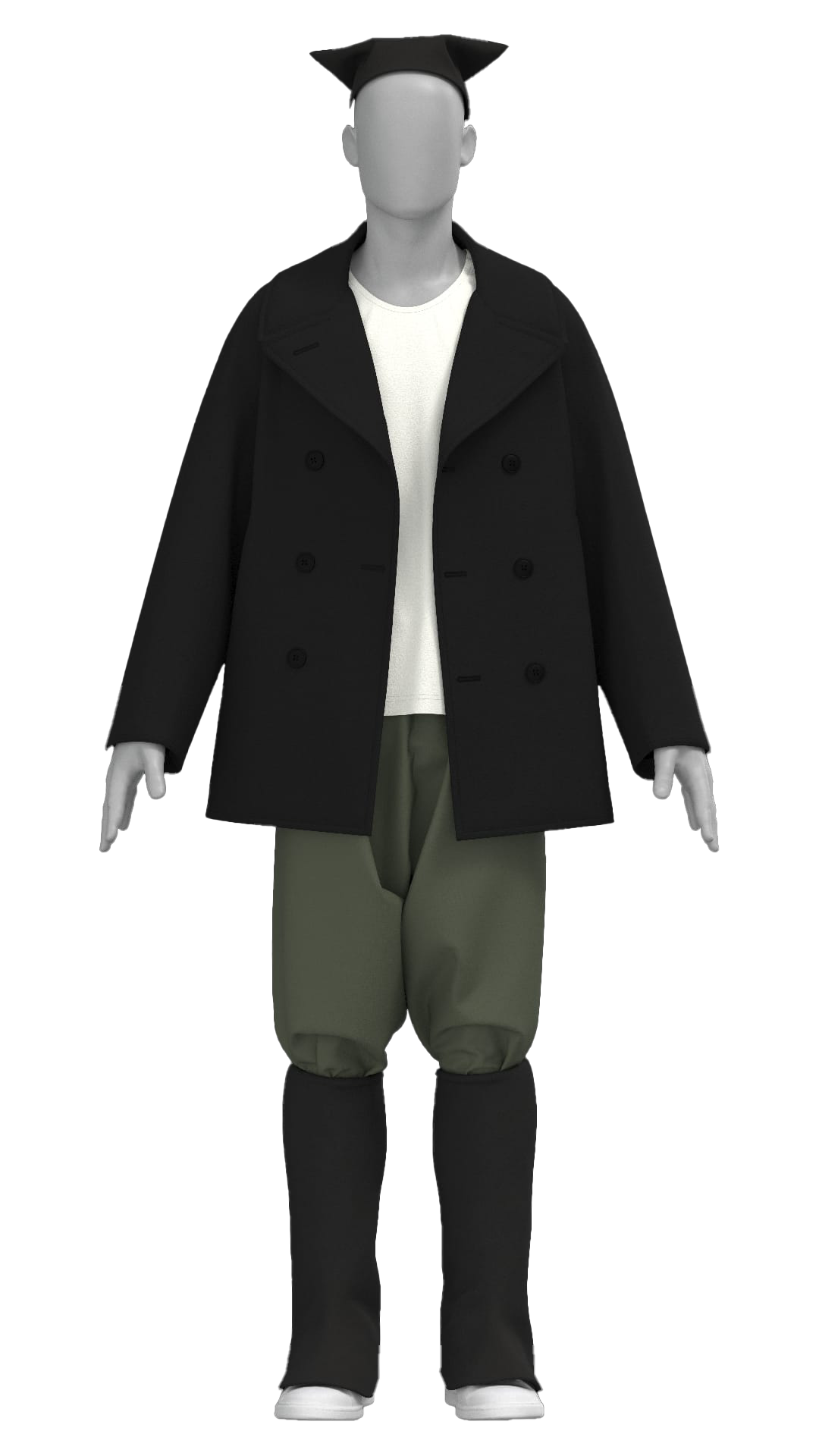 A faceless mannequin dressed in a black double-breasted coat, white shirt, baggy green pants, and knee-high black boots, wearing a graduation cap.