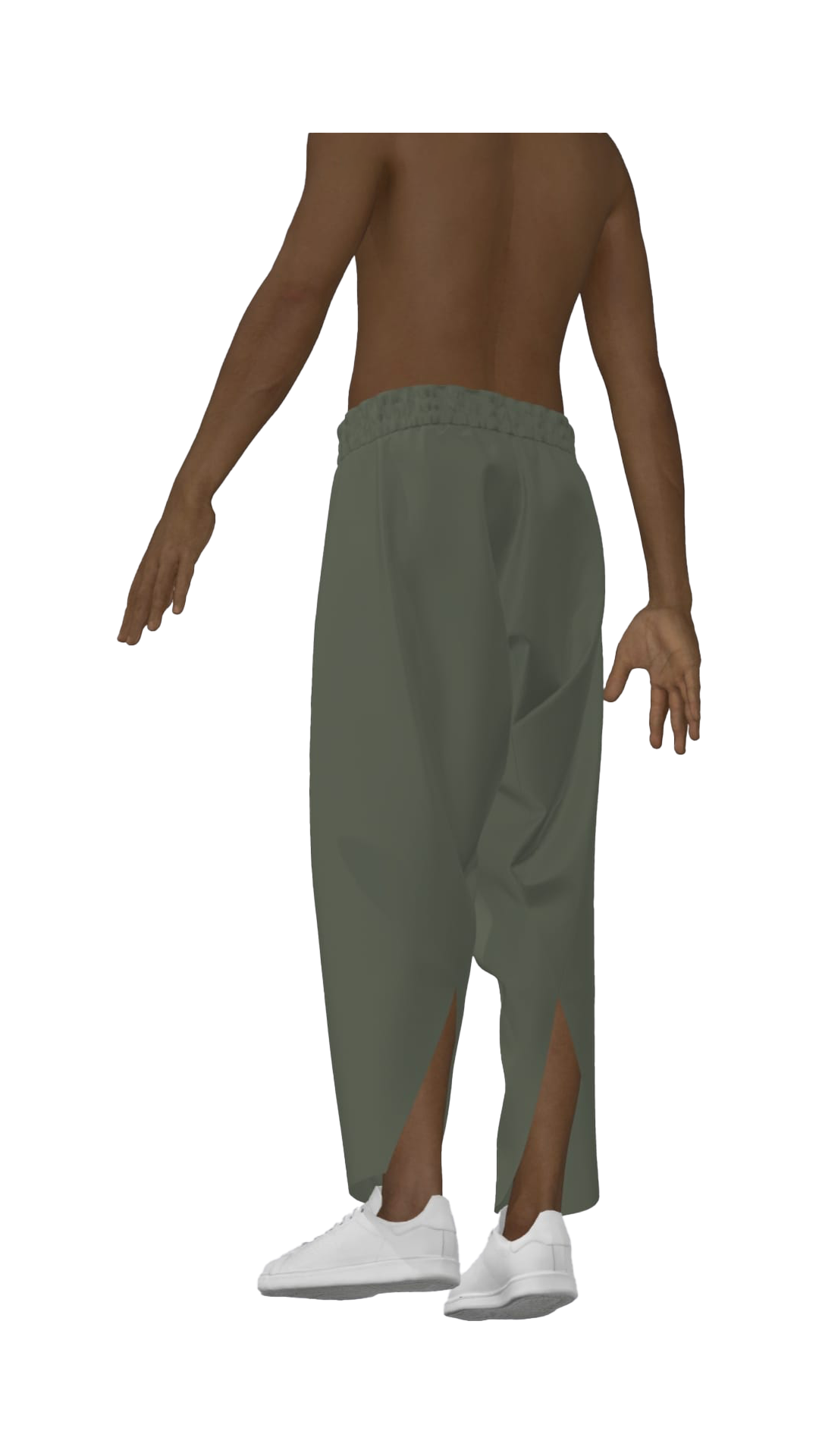 A shirtless person wearing light gray pants with side slits, white sneakers, and standing against a black background.