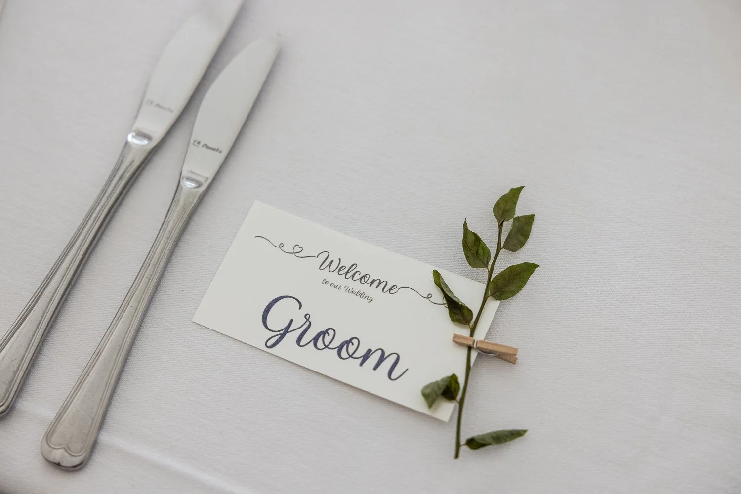 Kaksi hopeisia veitsiä jääkaapissa ja vihreä oksa, joka on kiinnitetty paperiliittimellä pieneen astiattiin, jonka päällä on häätunnus, jossa lukee "Welcome to our Wedding" ja "Groom".
