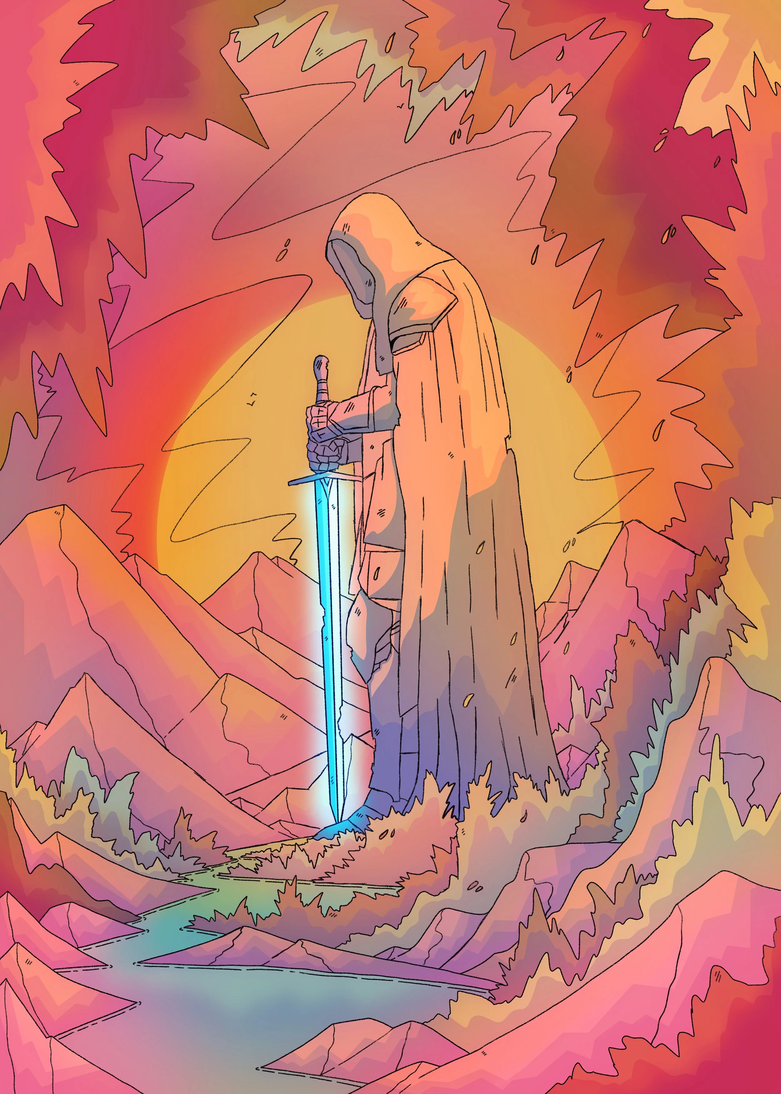 An illustrated landscape at sunset featuring a giant hooded statue wielding a glowing sword, surrounded by mountains and a river, with vibrant autumn-colored trees.