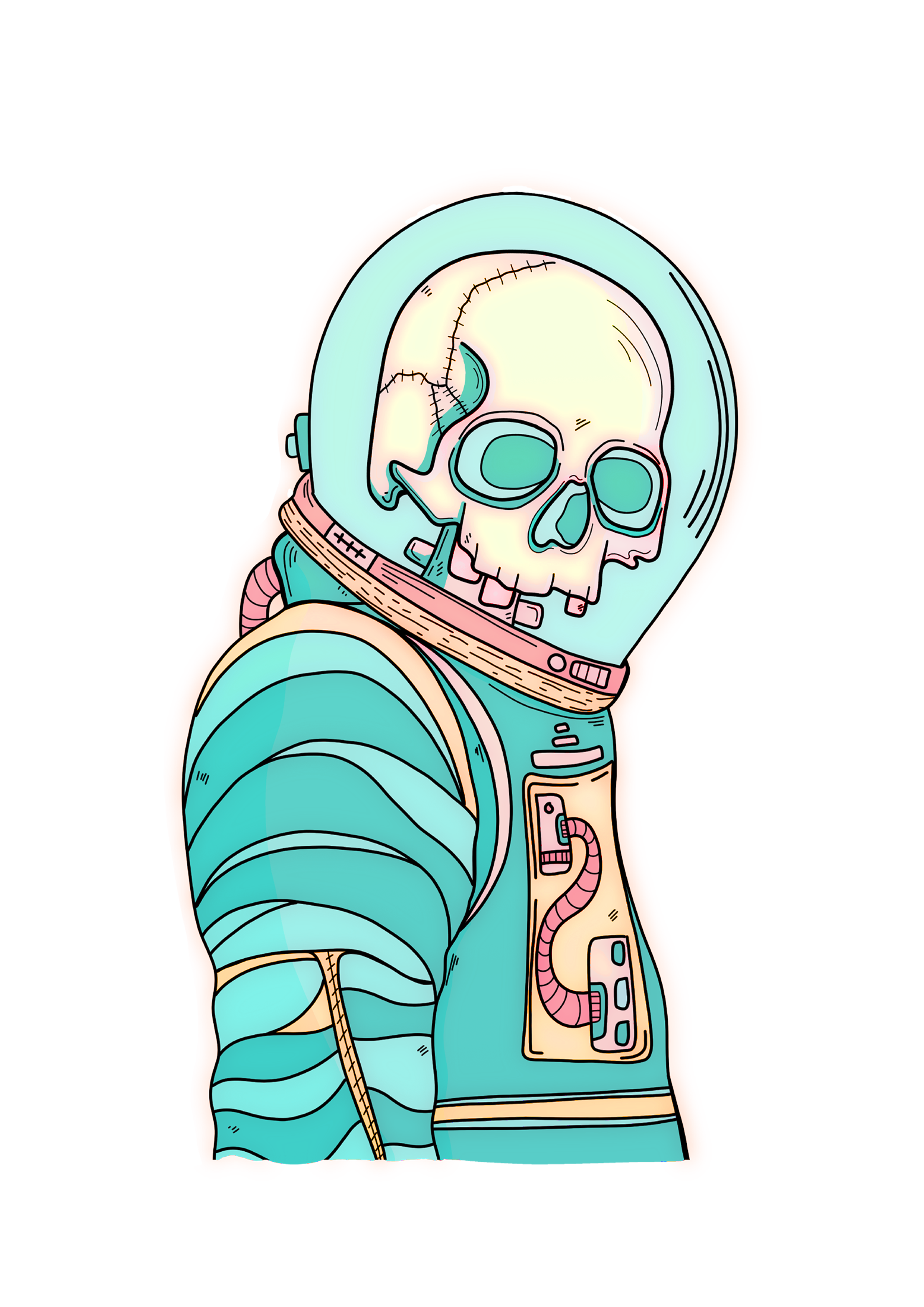 Cartoon illustration of a skeleton wearing an astronaut suit and helmet, with a red background.