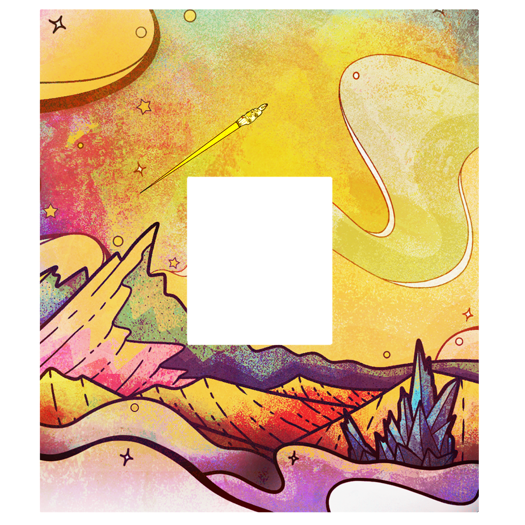 Colorful abstract cosmic landscape with mountains, stars, planets, and comets, featuring a yellow background with orange and pink accents.