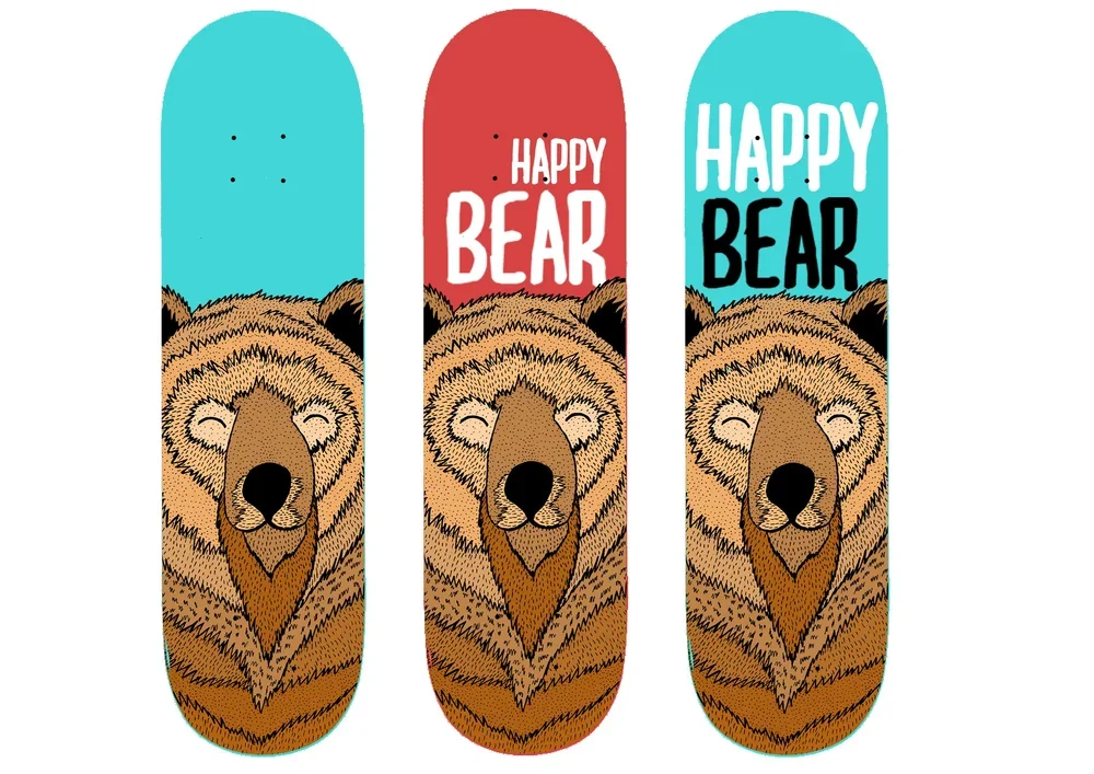 Three skateboard decks featuring a bear illustration and the text "Happy Bear"; the decks are in light blue, red, and turquoise colors.
