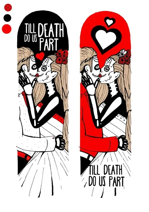 Illustration of a skeleton couple in wedding attire kissing, with the words "Till death do us part" and a heart symbol, presented in black, white, red, and beige.