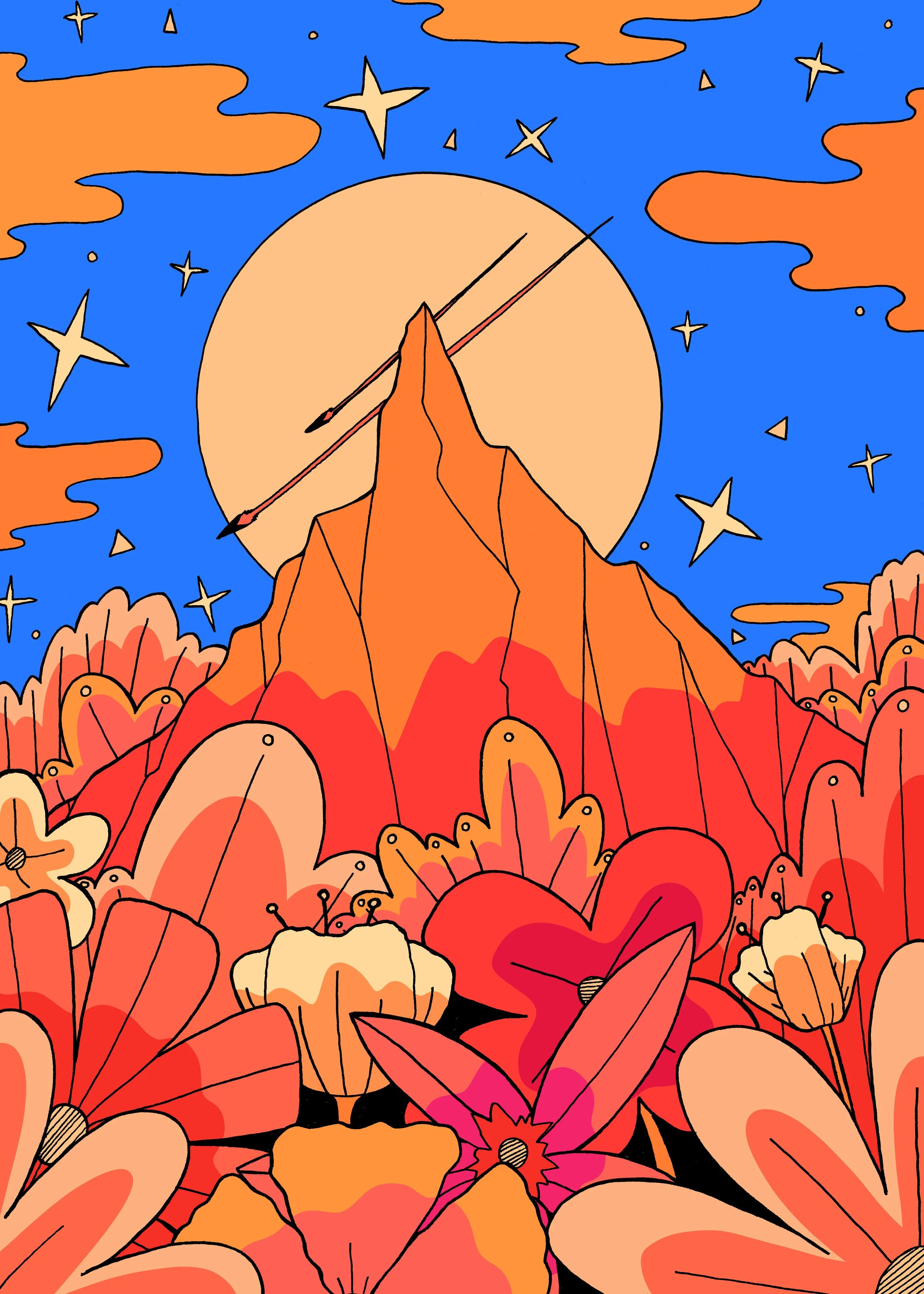 Colorful illustration of a mountain with a sun and stars in the sky, surrounded by orange and pink flowers.