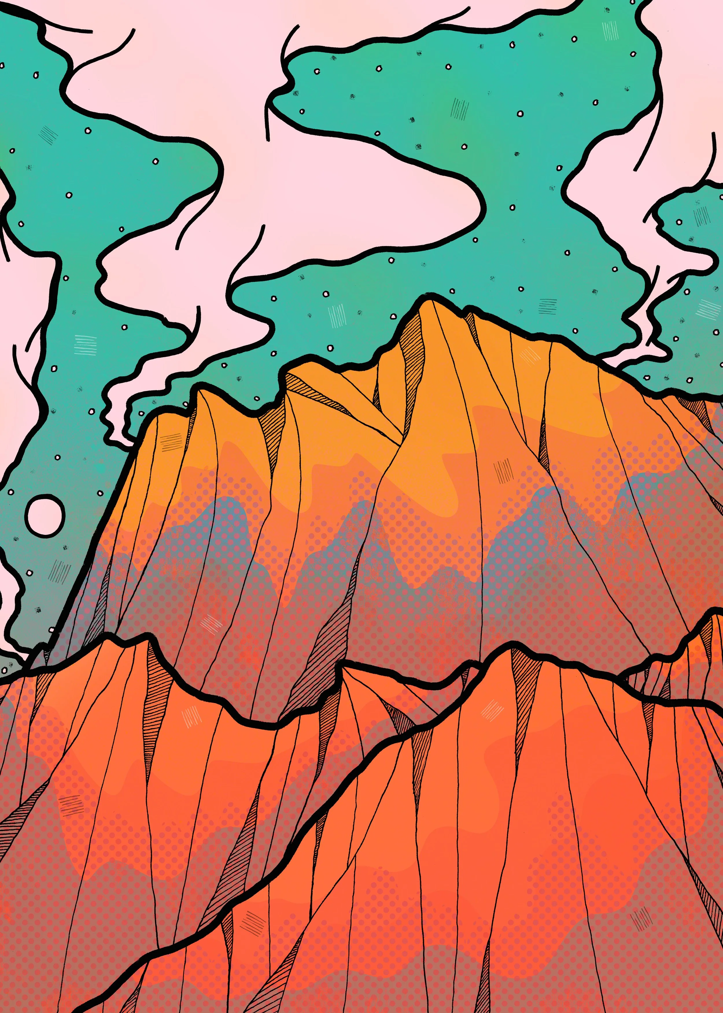 An illustrated mountain landscape with orange, red, and pink peaks under a green and pink sky.