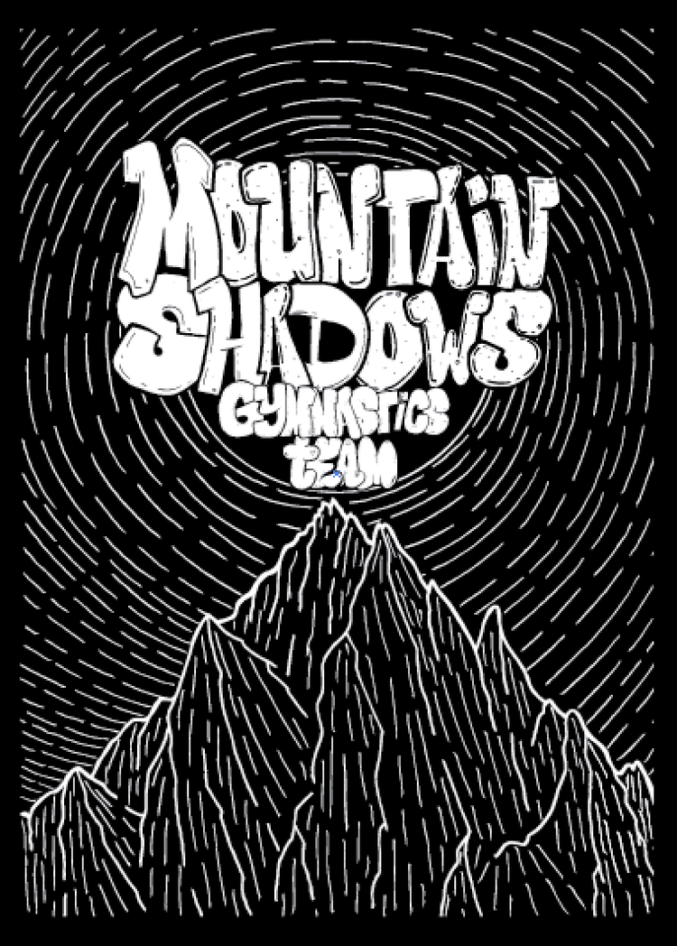 Black and white illustration featuring a mountain with swirling lines in the background, the words "Mountain Shadows Comics & Tatoo" in stylized lettering at the top.