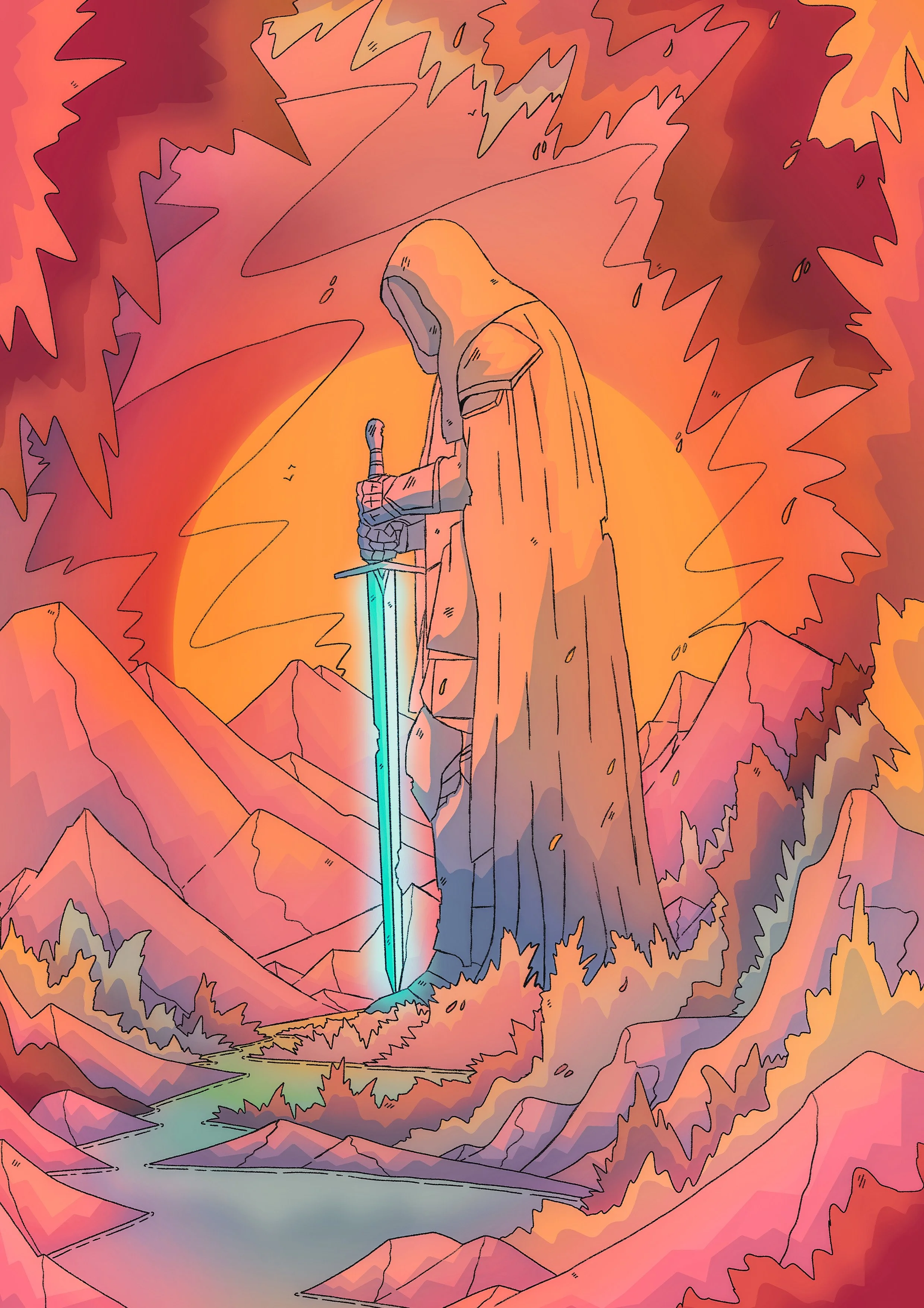 A digital illustration of a hooded figure holding a glowing blue sword, standing in front of a large stone monument with a sunset in the background and mountains and river in the foreground.