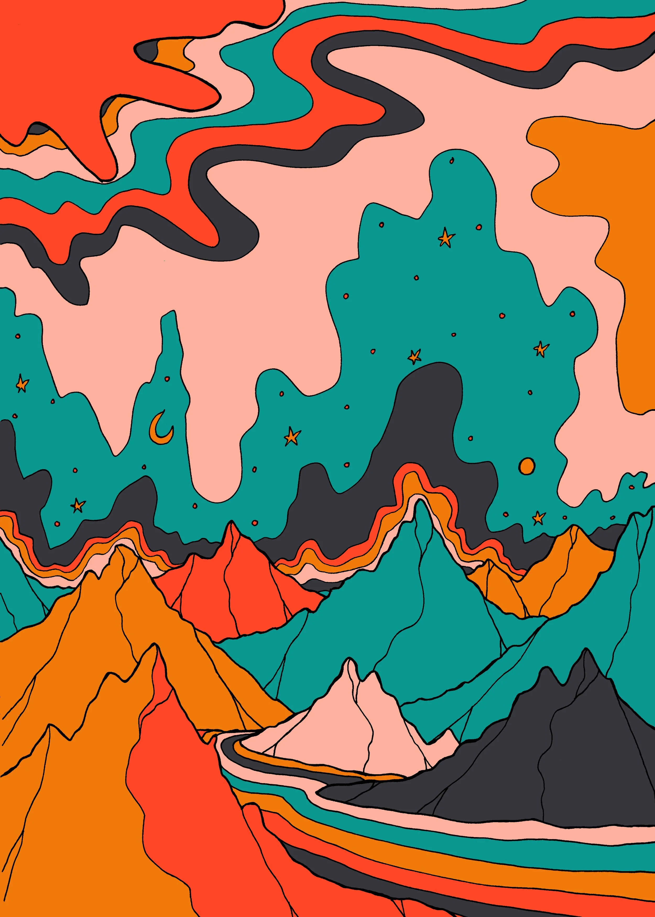 Colorful abstract landscape with mountains, stars, moon, clouds, and wavy lines in shades of orange, teal, pink, black, and red.