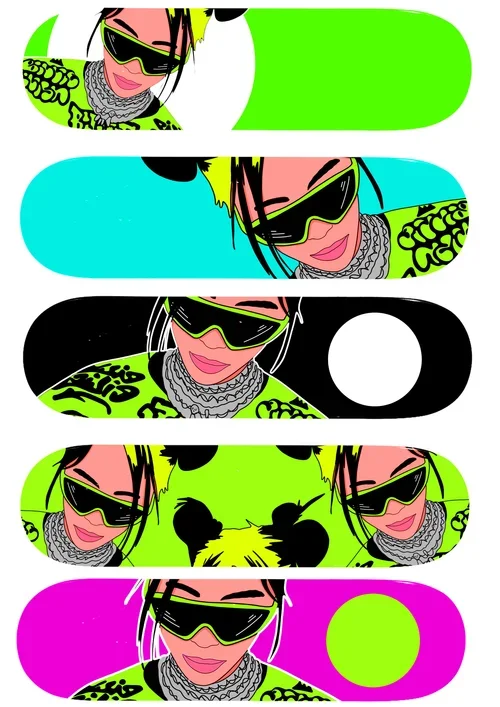 Colorful digital art of a woman with sunglasses and makeup, depicted in five variations with different color backgrounds.