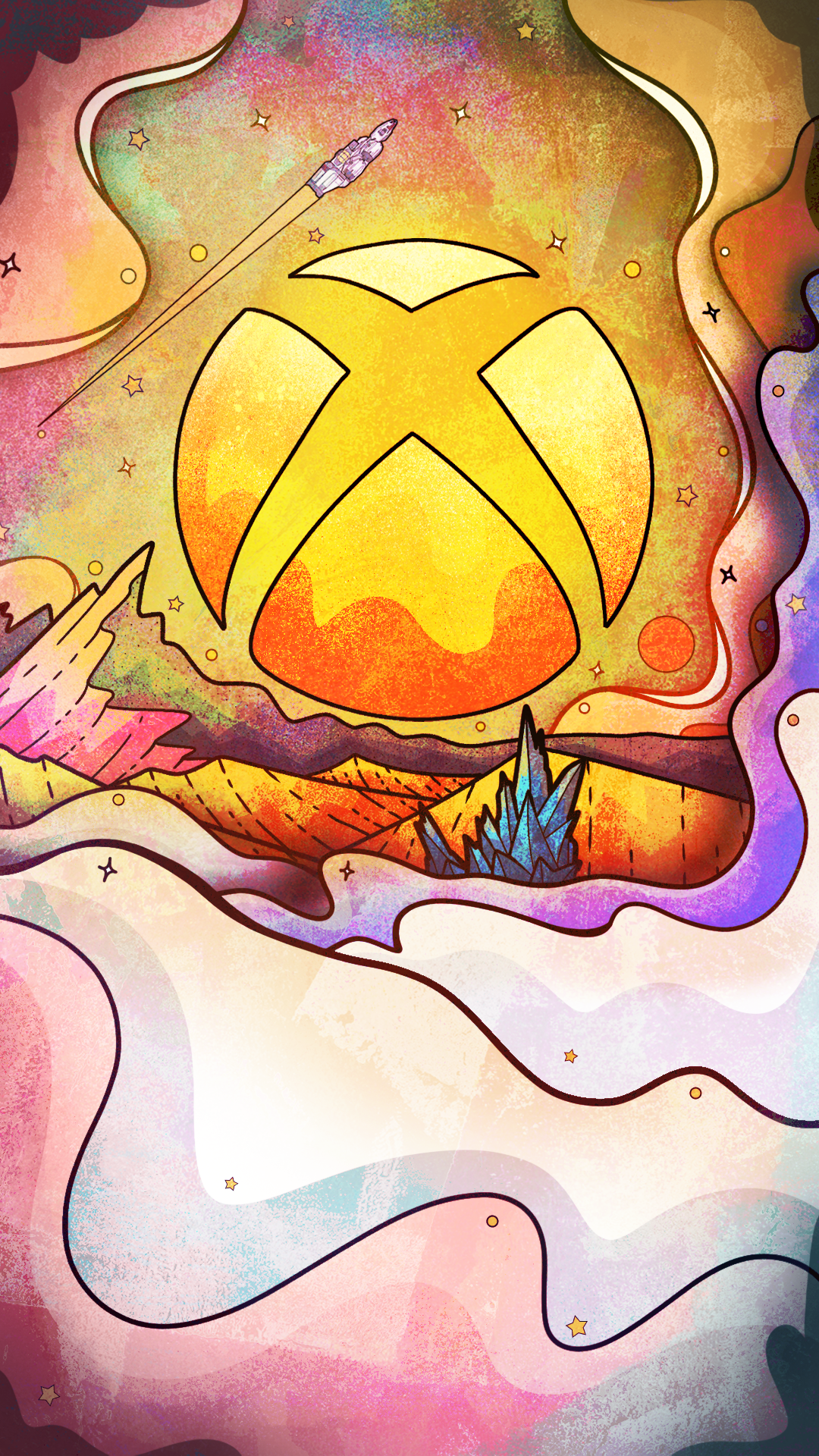 A colorful, abstract space scene featuring a large, stylized moon with a face in the center, planets, stars, a rocket, and ice formations, all depicted with vibrant hues and a dreamlike quality.