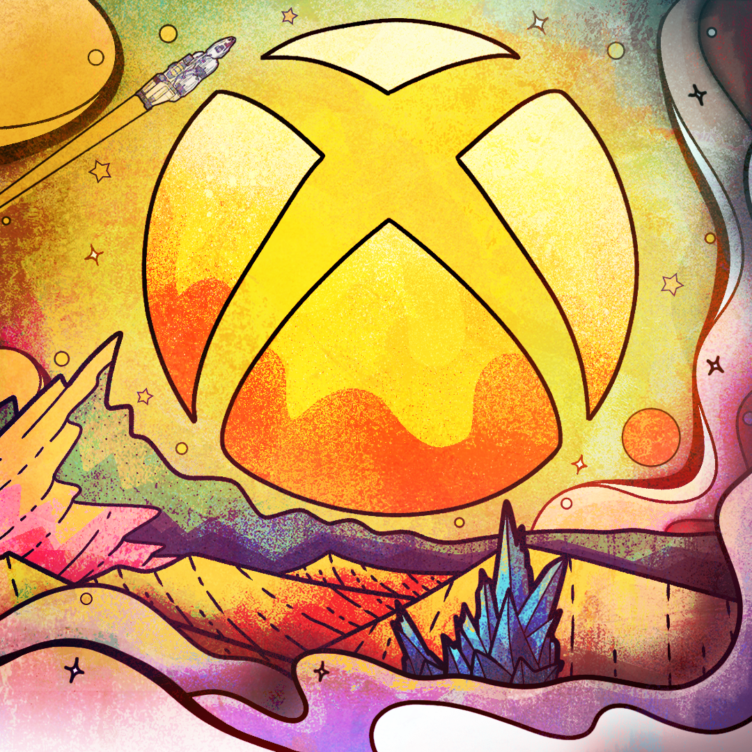 A colorful, cartoon-style illustration of a large, yellow star with a smiley face, set against a cosmic background with planets, stars, and rockets.