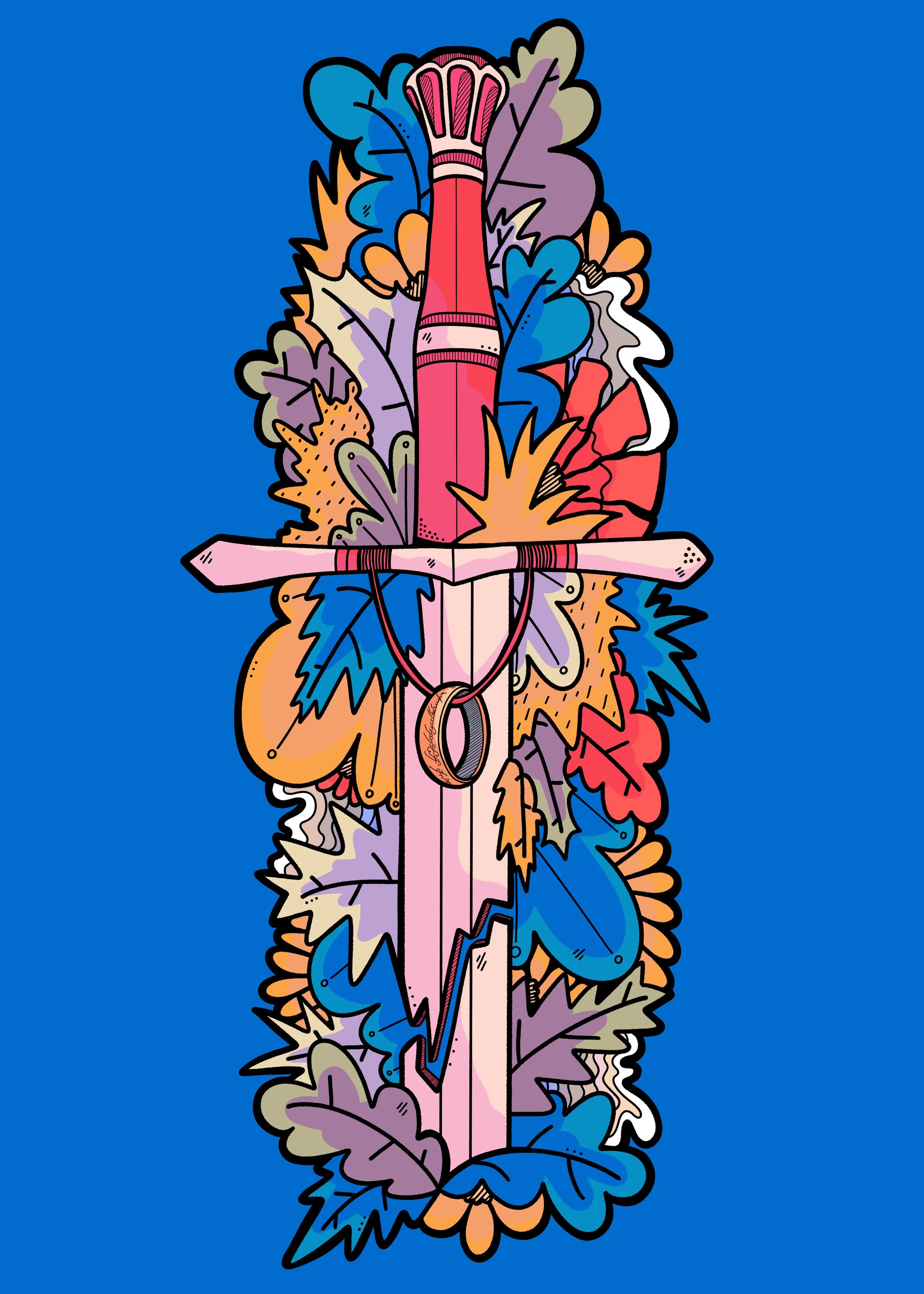 A colorful, stylized tattoo-style illustration of a heart with a sword through it, surrounded by leaves and flames, set against a blue background.