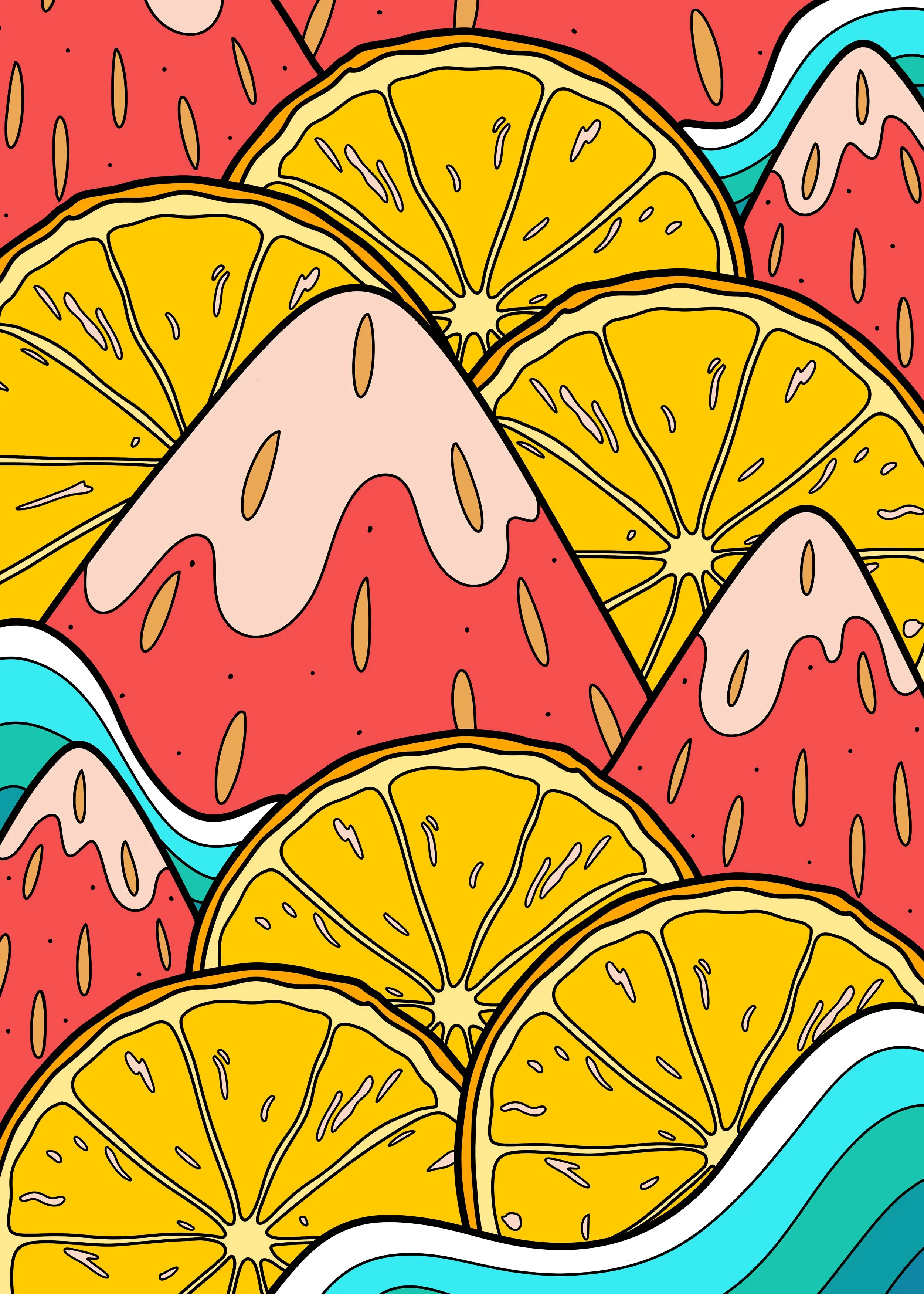 Colorful pattern of orange slices, mountain-like shapes with pink and beige caps, and wavy blue and white lines.