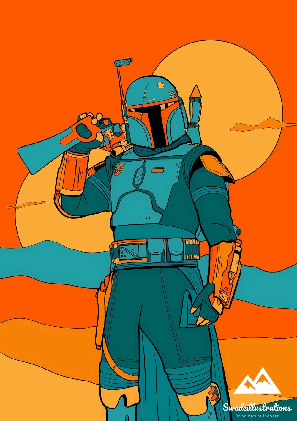 Animated illustration of a Mandalorian warrior in blue and orange armor, holding a staff over his shoulder, standing against an orange sunset landscape with mountains and clouds.
