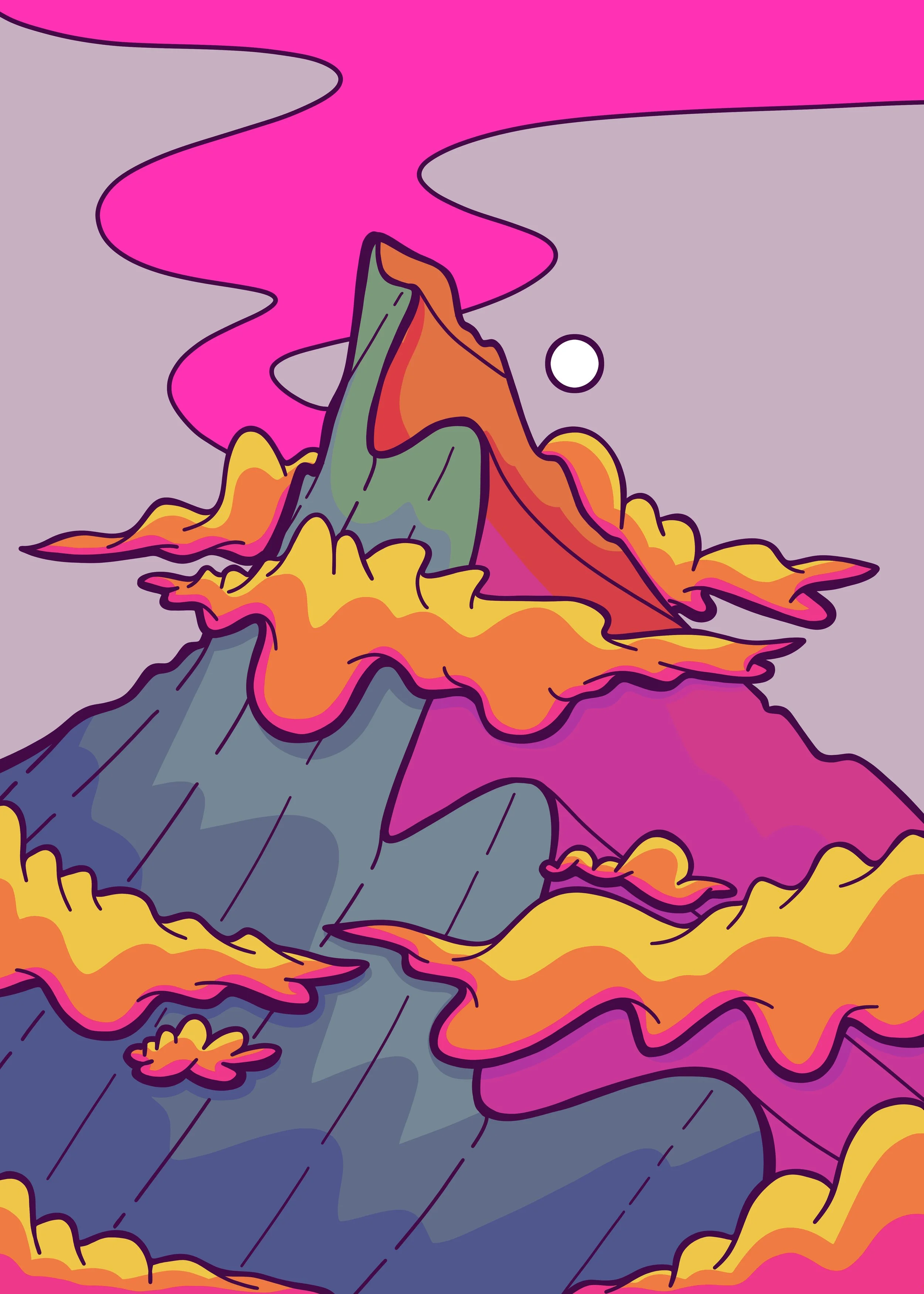 Stylized digital illustration of an erupting volcano with bright pink, orange, and yellow clouds of smoke and ash, and a purple sky with a white moon.