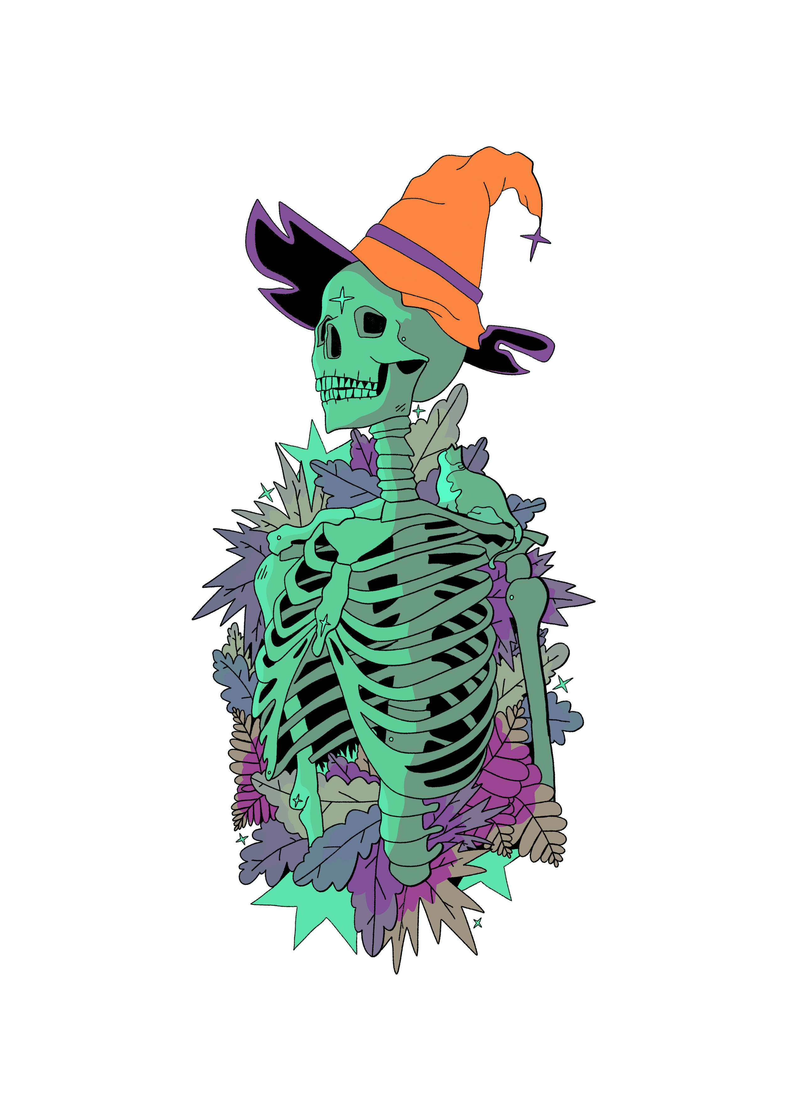 A cartoon illustration of a skeleton with a skull wearing an orange witch's hat, surrounded by purple and green leaves, with a bright teal background.